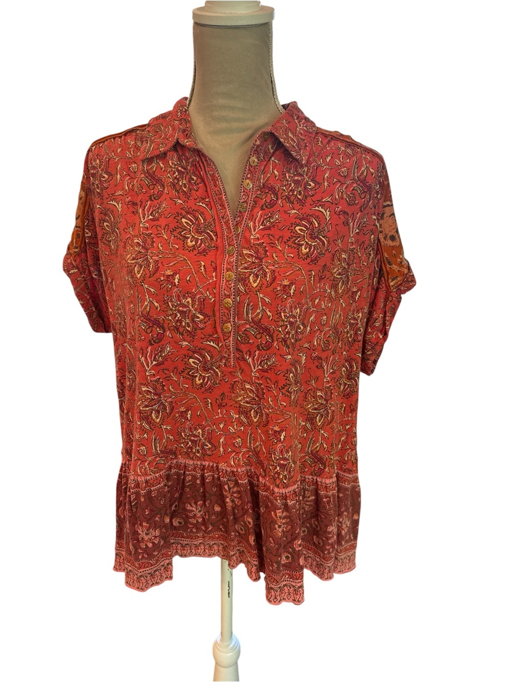 Sundance 100% Cotton Floral Peplum Split-Neck Tunic